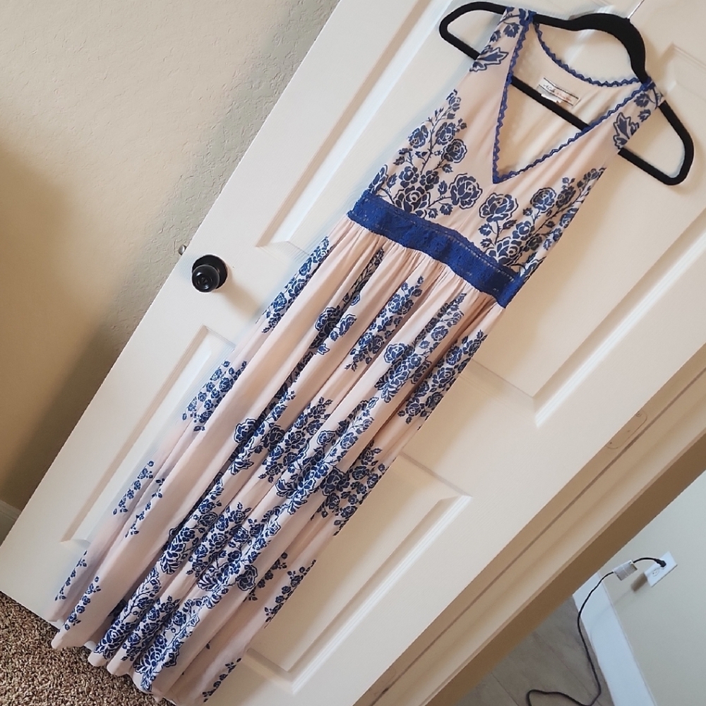 Flying Tomato Cream and Blue Vintage Style Embroidered Maxi Dress, Sz S